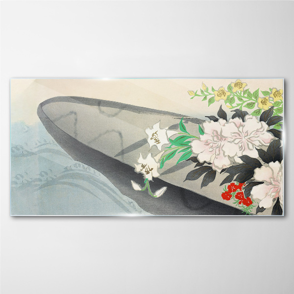 Tableau en verre Bateau fleuri sur eau calme