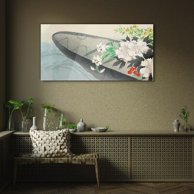 Tableau en verre Bateau fleuri sur eau calme