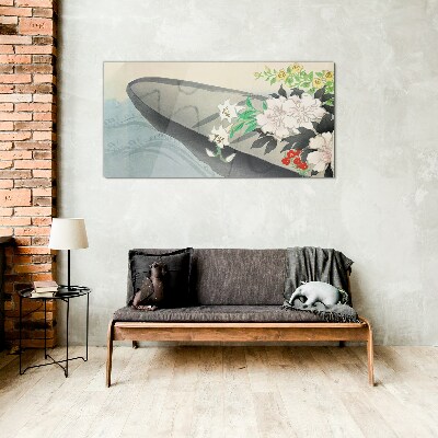 Tableau en verre Bateau fleuri sur eau calme