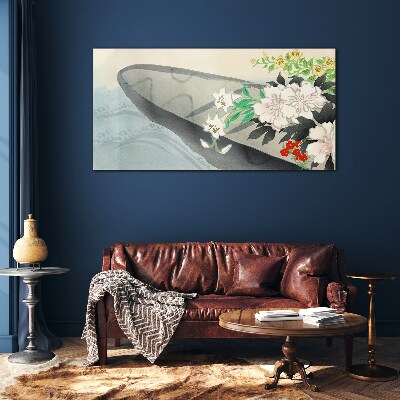 Tableau en verre Bateau fleuri sur eau calme