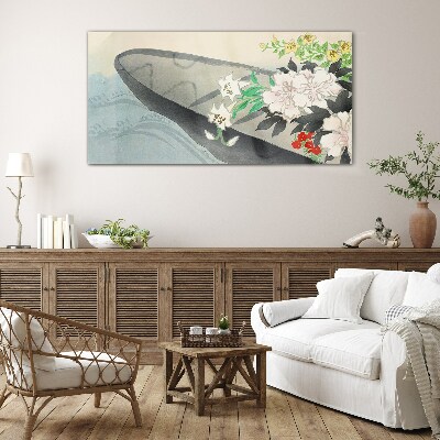 Tableau en verre Bateau fleuri sur eau calme