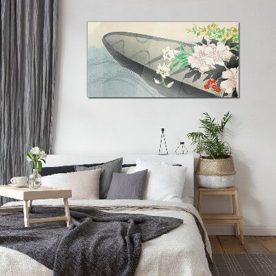 Tableau en verre Bateau fleuri sur eau calme