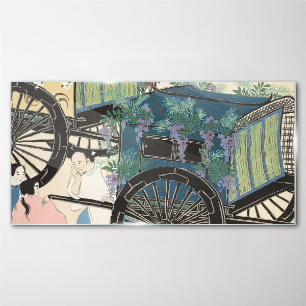 Tableau sur verre Une scène avec une poussette sur fond de fleurs