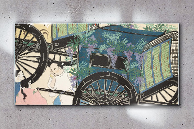 Tableau sur verre Une scène avec une poussette sur fond de fleurs