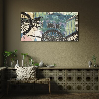 Tableau sur verre Une scène avec une poussette sur fond de fleurs