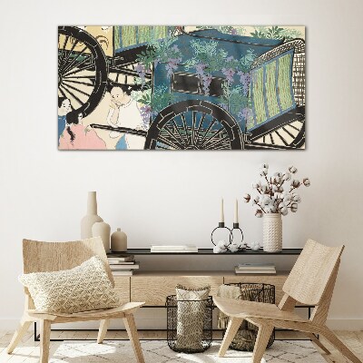 Tableau sur verre Une scène avec une poussette sur fond de fleurs