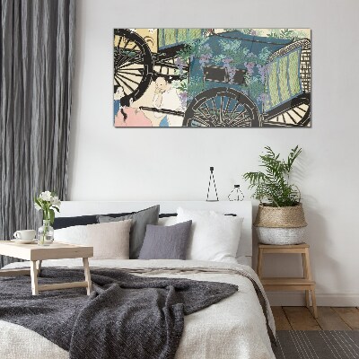 Tableau sur verre Une scène avec une poussette sur fond de fleurs