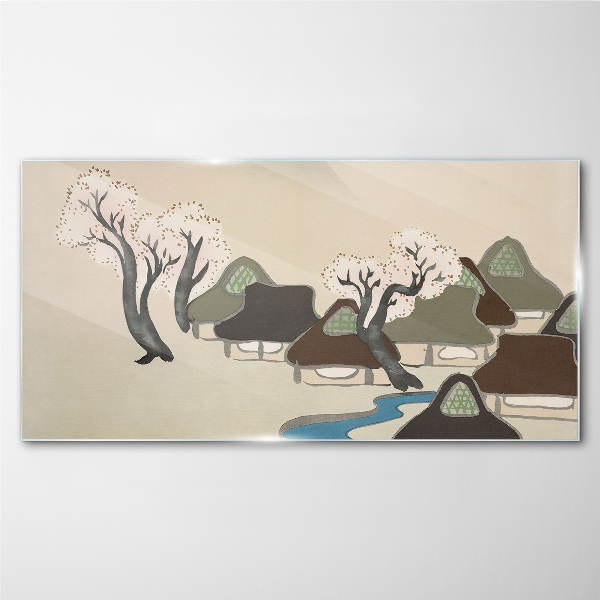 Tableau imprimé sur verre Un paysage paisible avec des maisons et des arbres