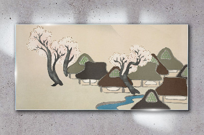 Tableau imprimé sur verre Un paysage paisible avec des maisons et des arbres