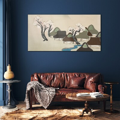 Tableau imprimé sur verre Un paysage paisible avec des maisons et des arbres