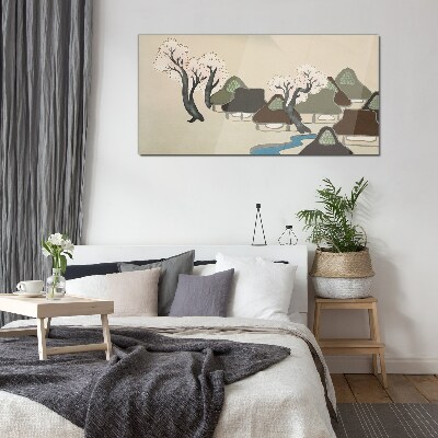 Tableau imprimé sur verre Un paysage paisible avec des maisons et des arbres