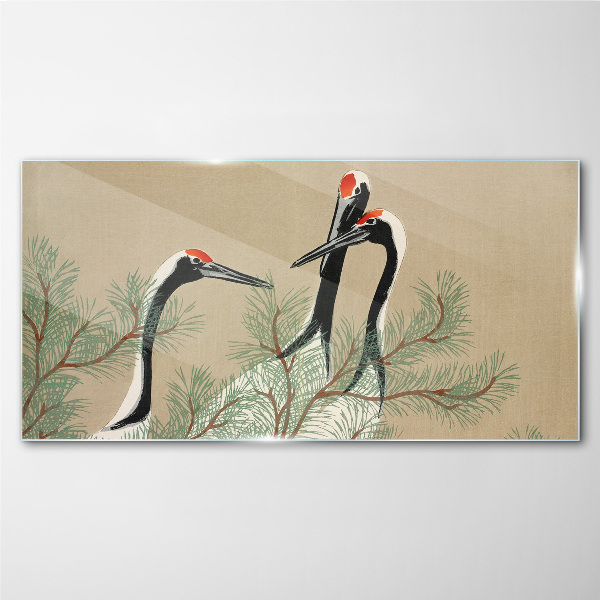 Tableau photo sur verre Trois grues parmi les branches de pin