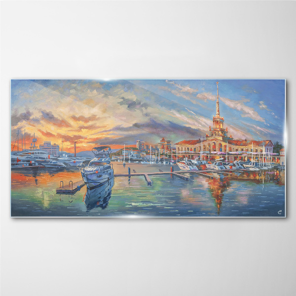 Tableau sur verre Coucher de soleil sur le port