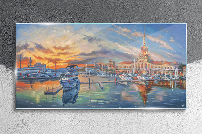 Tableau sur verre Coucher de soleil sur le port