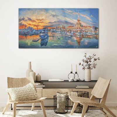 Tableau sur verre Coucher de soleil sur le port