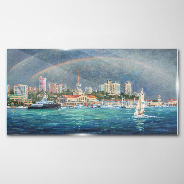 Tableau imprimé sur verre Panorama de la mer avec un arc-en-ciel