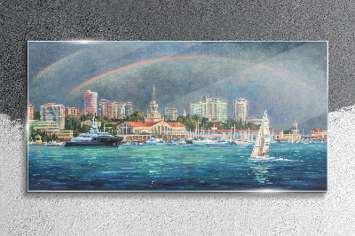 Tableau imprimé sur verre Panorama de la mer avec un arc-en-ciel