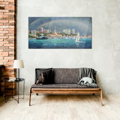 Tableau imprimé sur verre Panorama de la mer avec un arc-en-ciel
