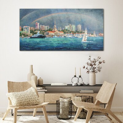 Tableau imprimé sur verre Panorama de la mer avec un arc-en-ciel