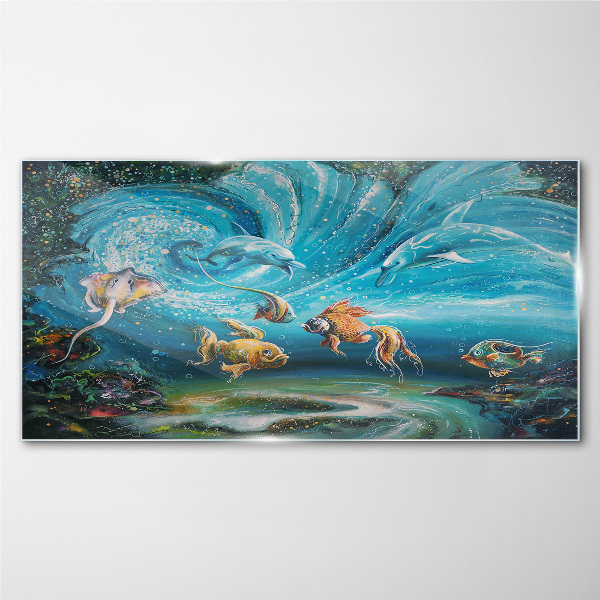 Tableau verre imprimé Danse sous-marine des dauphins et des poissons