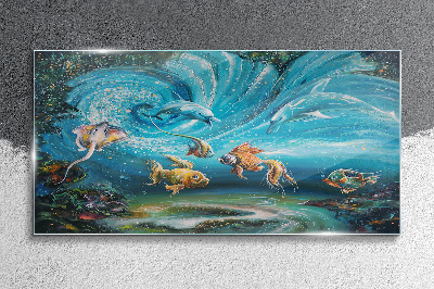 Tableau verre imprimé Danse sous-marine des dauphins et des poissons