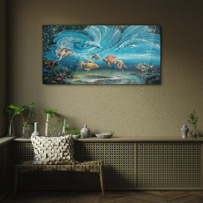 Tableau verre imprimé Danse sous-marine des dauphins et des poissons