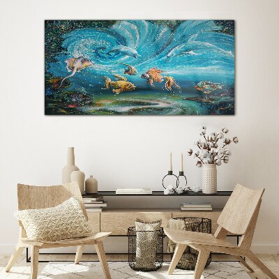 Tableau verre imprimé Danse sous-marine des dauphins et des poissons