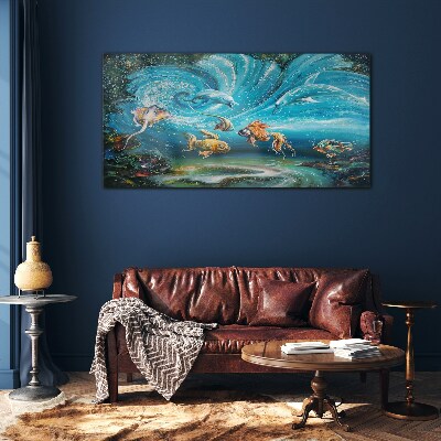 Tableau verre imprimé Danse sous-marine des dauphins et des poissons