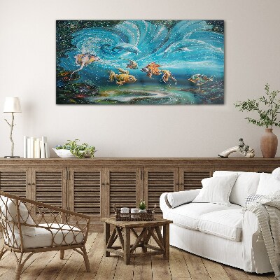 Tableau verre imprimé Danse sous-marine des dauphins et des poissons