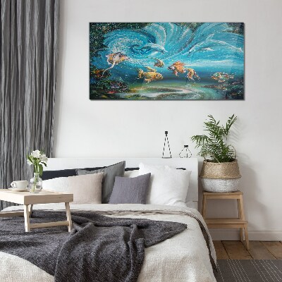 Tableau verre imprimé Danse sous-marine des dauphins et des poissons