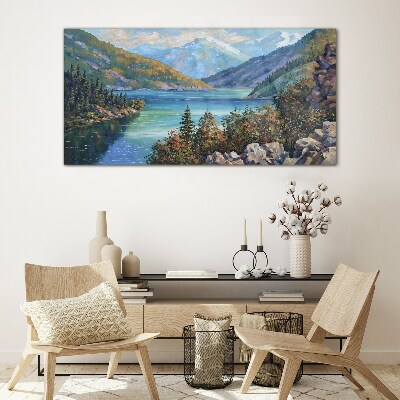 Tableau en verre Paysage de montagne au bord du lac