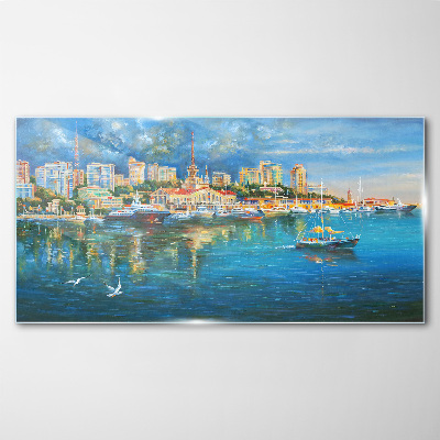 Tableau sur verre Ville portuaire au soleil