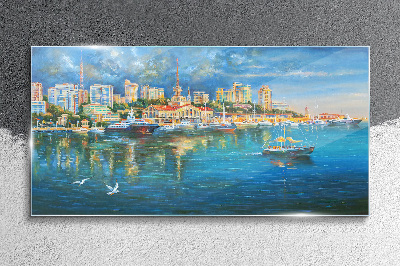 Tableau sur verre Ville portuaire au soleil
