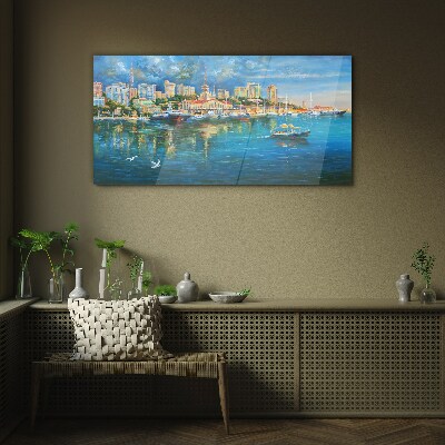 Tableau sur verre Ville portuaire au soleil