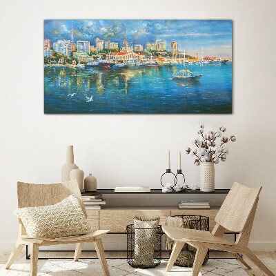 Tableau sur verre Ville portuaire au soleil