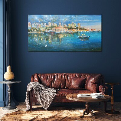 Tableau sur verre Ville portuaire au soleil