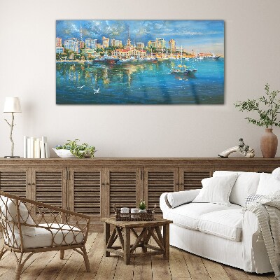 Tableau sur verre Ville portuaire au soleil