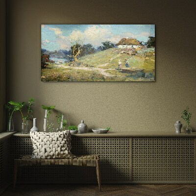 Tableau imprimé sur verre Paysage rural avec des pêcheurs