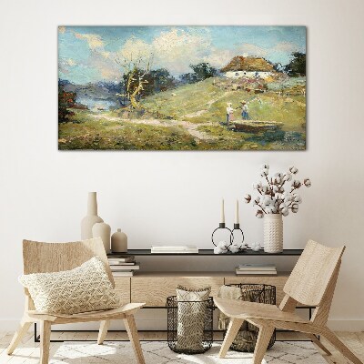 Tableau imprimé sur verre Paysage rural avec des pêcheurs
