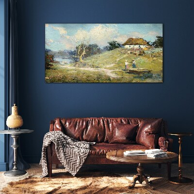 Tableau imprimé sur verre Paysage rural avec des pêcheurs