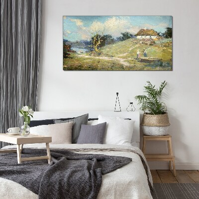 Tableau imprimé sur verre Paysage rural avec des pêcheurs