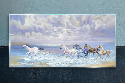 Tableau imprimé sur verre Chevaux blancs en fuite