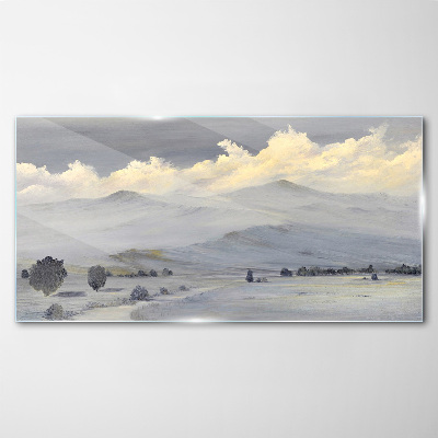 Tableau en verre Panorama de montagne brumeux