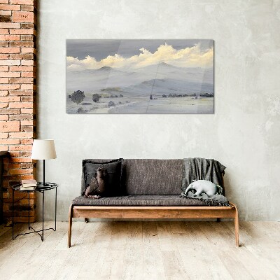 Tableau en verre Panorama de montagne brumeux