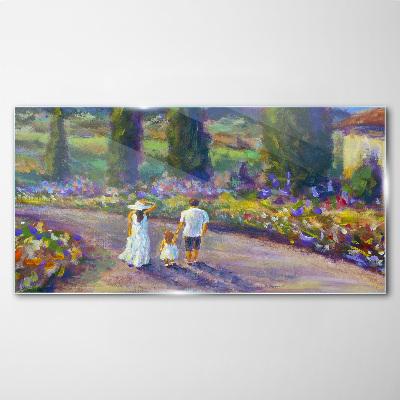 Tableau sur verre Une promenade en famille dans un jardin coloré