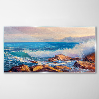 Tableau verre imprimé Vagues sur la côte au coucher du soleil