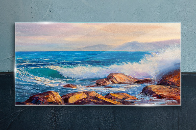 Tableau verre imprimé Vagues sur la côte au coucher du soleil