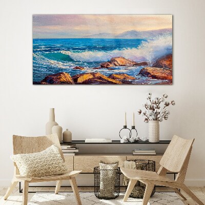 Tableau verre imprimé Vagues sur la côte au coucher du soleil