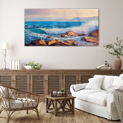 Tableau verre imprimé Vagues sur la côte au coucher du soleil