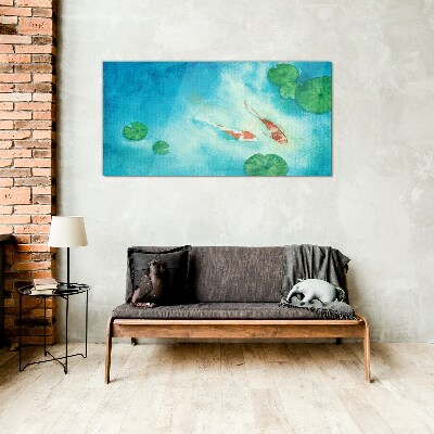 Tableau en verre Koi dans l'eau bleue
